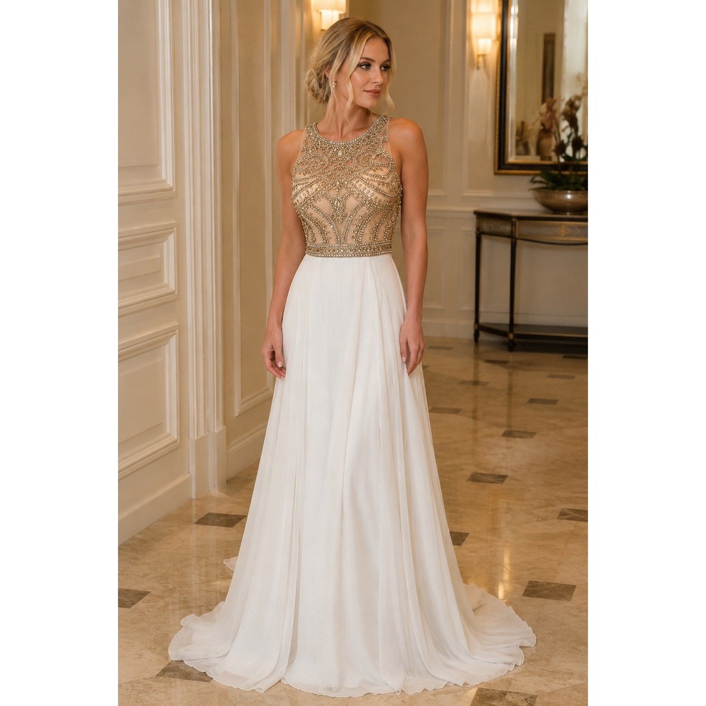 Jovani Beaded Prom Dress Size 0 Ivory Formal Pageant Gala Chiffon‎ Maxi Gow